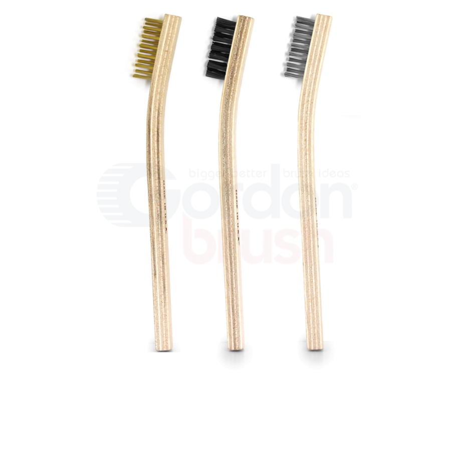3 Scratch Brush Set: Brass, Stainless Steel, Nylon Bristle and Plywood Handles