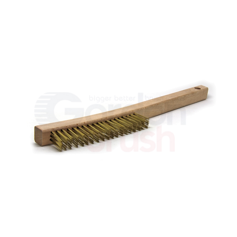 3 X 19 Row 0.012" Brass Wire and 13-3/4" Curved Wood Handle Scratch Brush 2