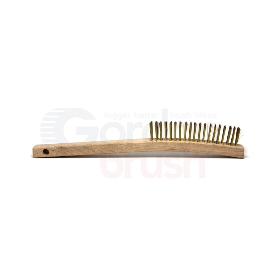 3 X 19 Row 0.012" Brass Wire and 13-3/4" Curved Wood Handle Scratch Brush 3