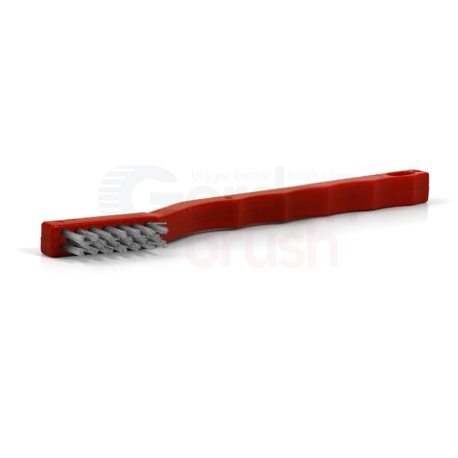 3 x 7 Row 0.020" Nylon Bristle and Red Plastic Handle Scratch Brush 2