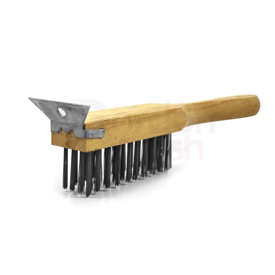 4 x 11 Row 0.014" Carbon Steel Wire and Wood Handle with Scraper Heavy Duty Scratch Brush 1