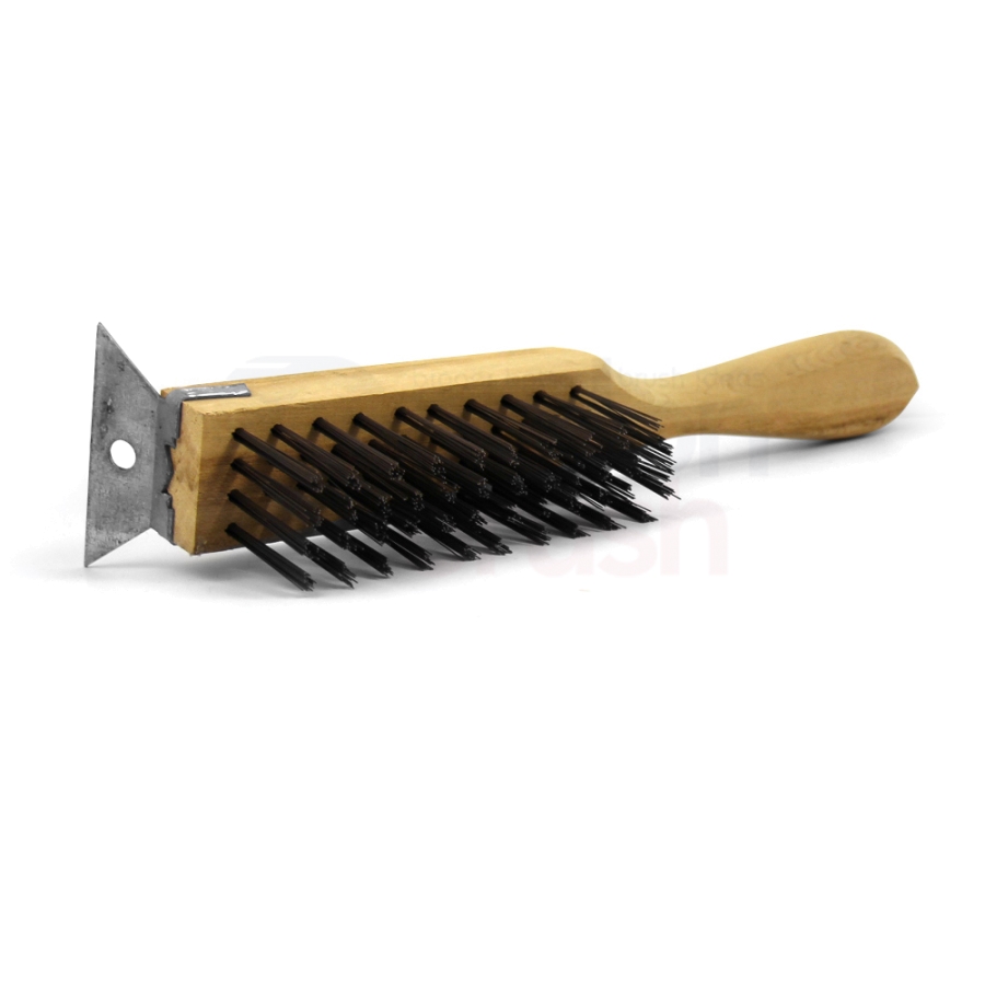 4 x 11 Row 0.014" Carbon Steel Wire and Wood Handle with Scraper Heavy Duty Scratch Brush 2