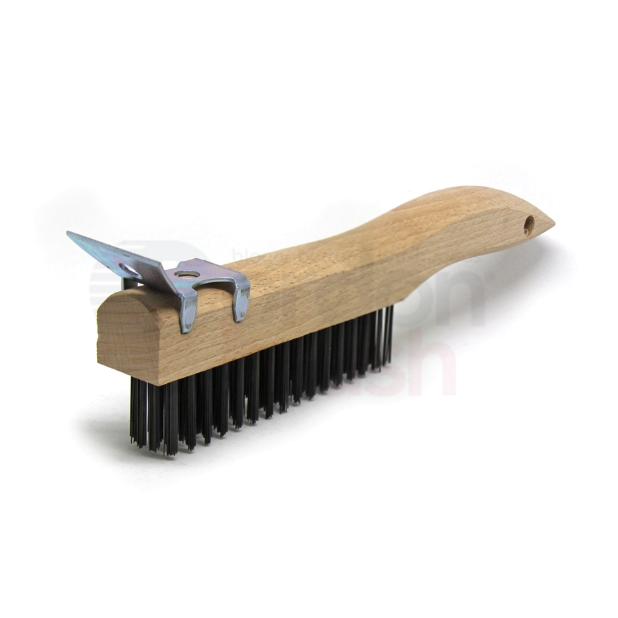 4 x 16 Row 0.013" Carbon Steel Wire and Wood Shoe Handle with Scraper Scratch Brush