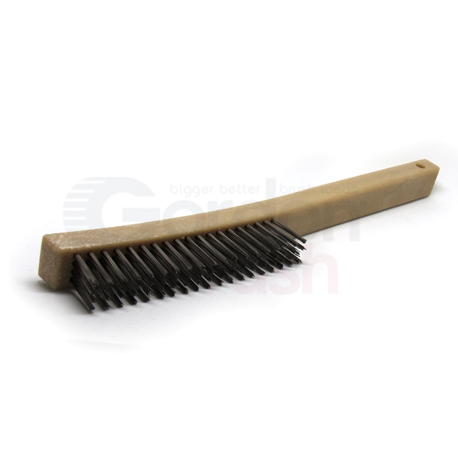 4 x 19 Row 0.012" Stainless Steel Wire and 13-3/4" Curved Plastic Handle Scratch Brush 2