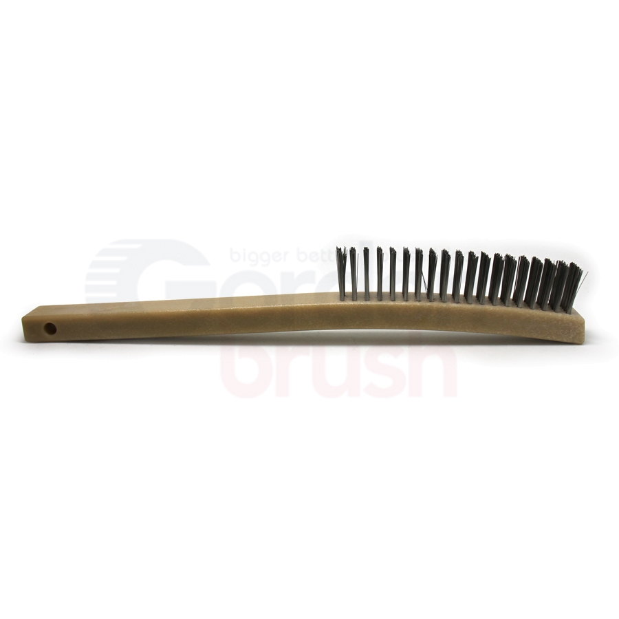 4 x 19 Row 0.012" Stainless Steel Wire and 13-3/4" Curved Plastic Handle Scratch Brush 3