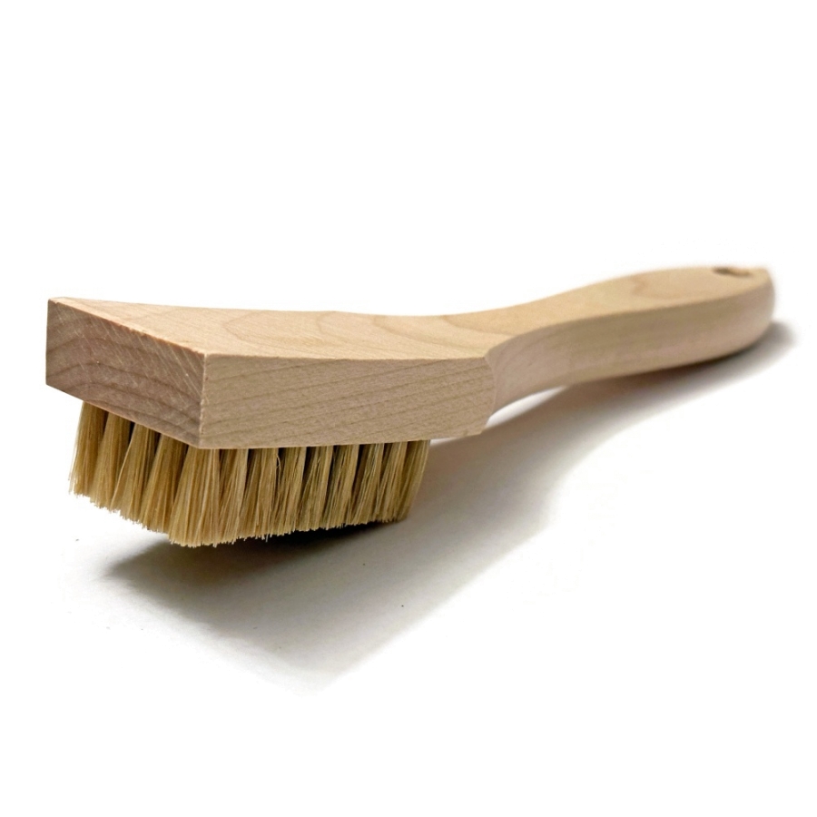 TOUGH GUY Scratch Brush: Curved Handle, Brass, Wood, 5 3/4 in Brush Lg, 7  1/2 in Handle Lg